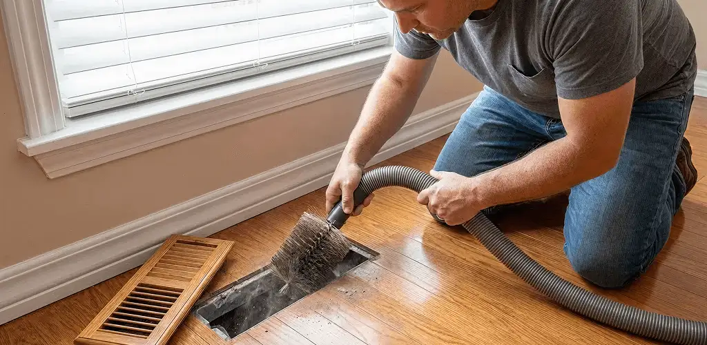Air duct cleaning technician vacuuming a floor vent and duct opening in Arlington, TX