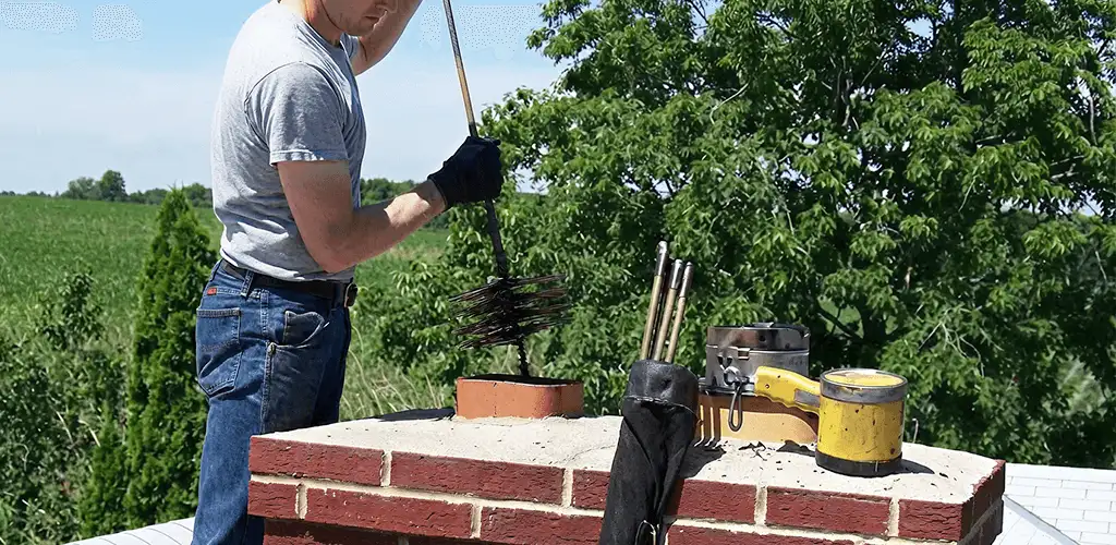 Chimney cleaning technician working on a rooftop chimney with professional tools in Arlington, TX