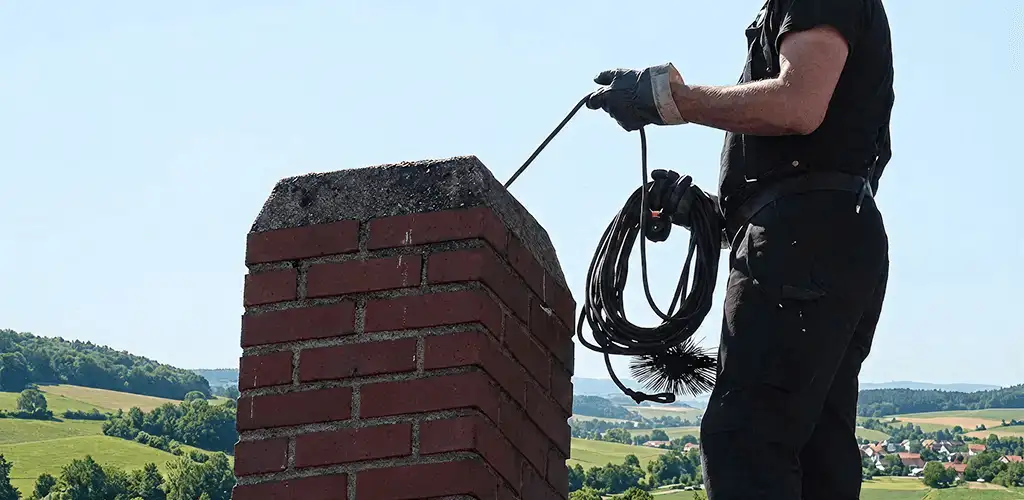 Chimney sweep inspecting and cleaning a rooftop chimney in Arlington, TX