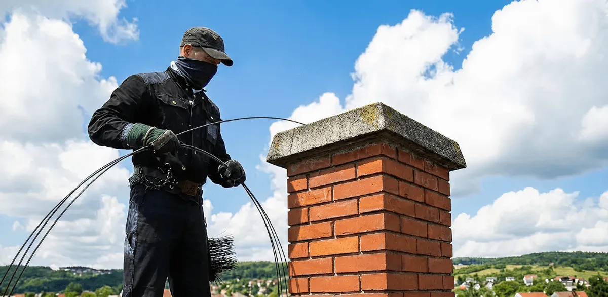 Chimney sweep cleaning a brick chimney with professional tools in Arlington, TX