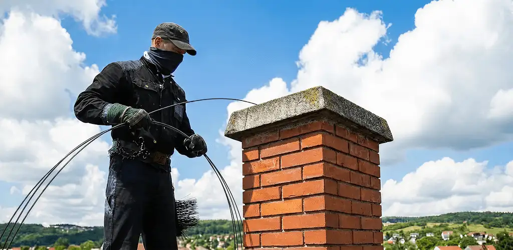 Chimney sweep cleaning a brick chimney with professional tools in Arlington, TX