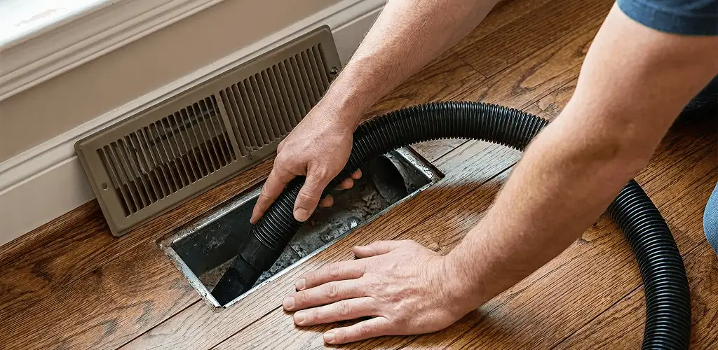 Air duct cleaning technician vacuuming a floor register and duct opening in Arlington, TX