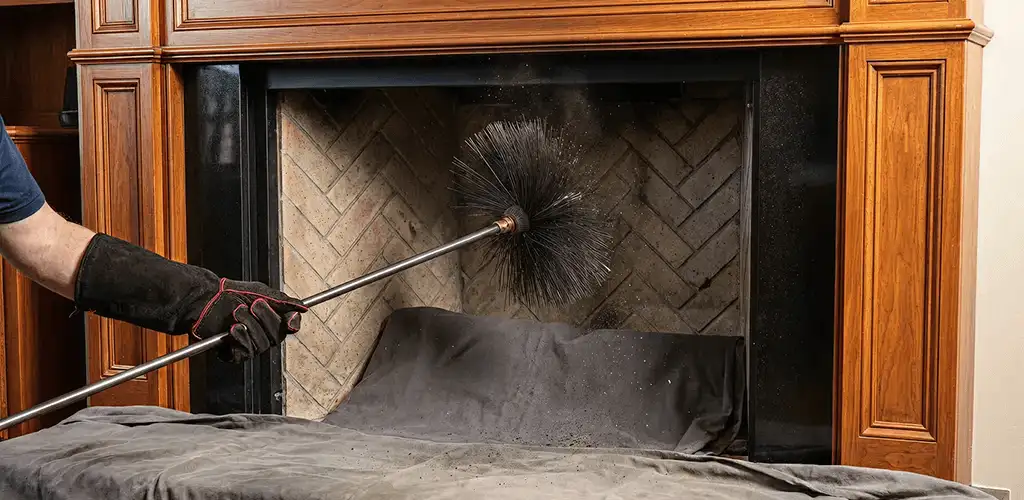 Chimney cleaning service brushing soot from a fireplace and flue in Arlington, TX