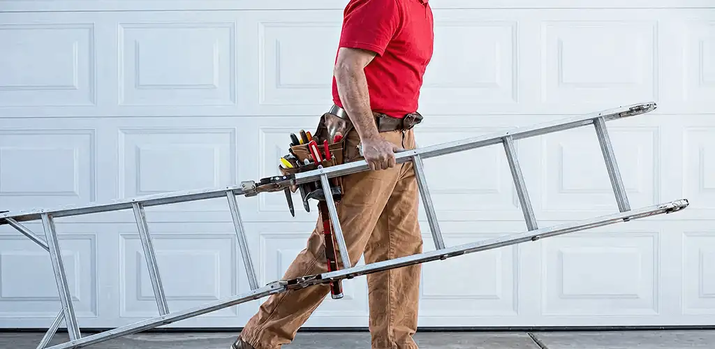 Garage door repair technician arriving with tools and ladder in Arlington, TX