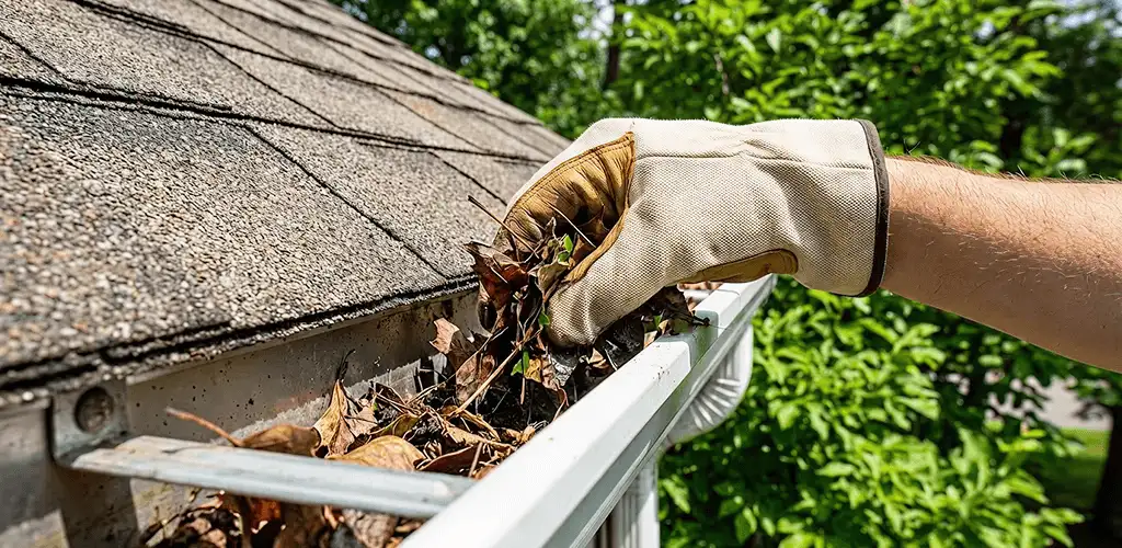 Gutter cleaning removing leaves and debris from roof gutters in Arlington, TX