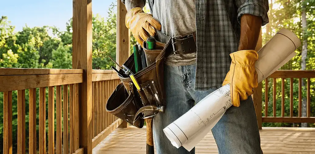 Professional handyman with tool belt ready for home repairs in Arlington, TX