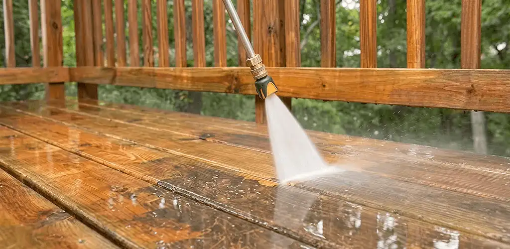 Pressure washing a wood deck to remove dirt and buildup in Arlington, TX