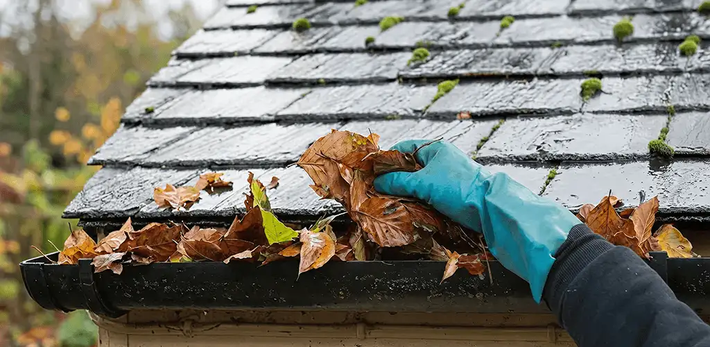 Gutter cleaning technician clearing wet leaves from roof gutters in Arlington, TX