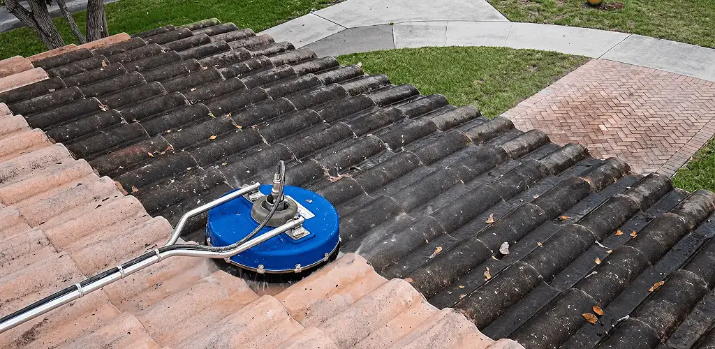 Roof pressure cleaning removing debris and buildup from roof tiles in Arlington, TX