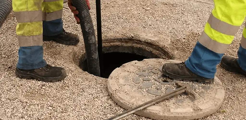 Drain cleaning crew clearing a sewer access point with professional equipment in Arlington, TX