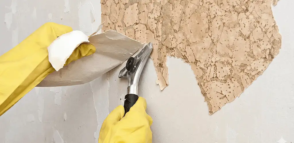 Wallpaper removal service stripping old wallpaper from a wall in Arlington, TX