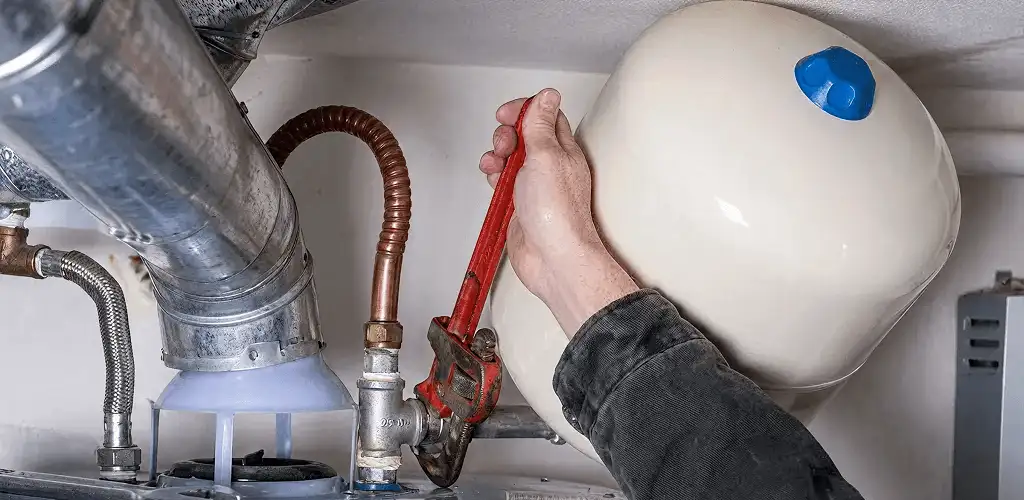 Water heater repair technician tightening plumbing connections near a tank unit in Arlington, TX